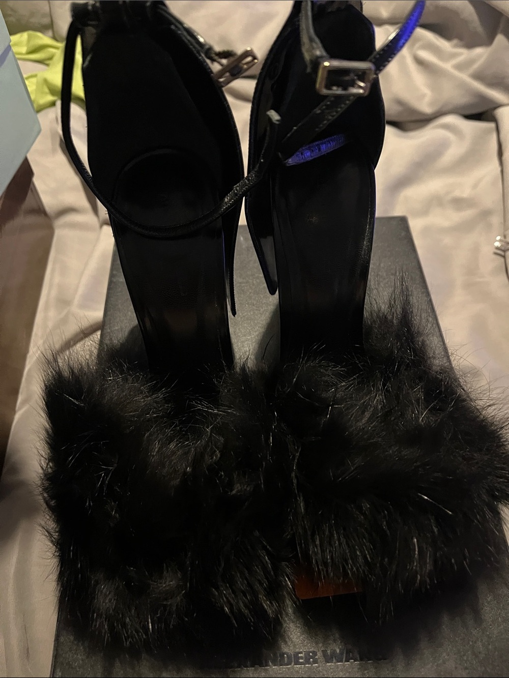 Alexander Wang Black Fur Strap Stiletto Heels